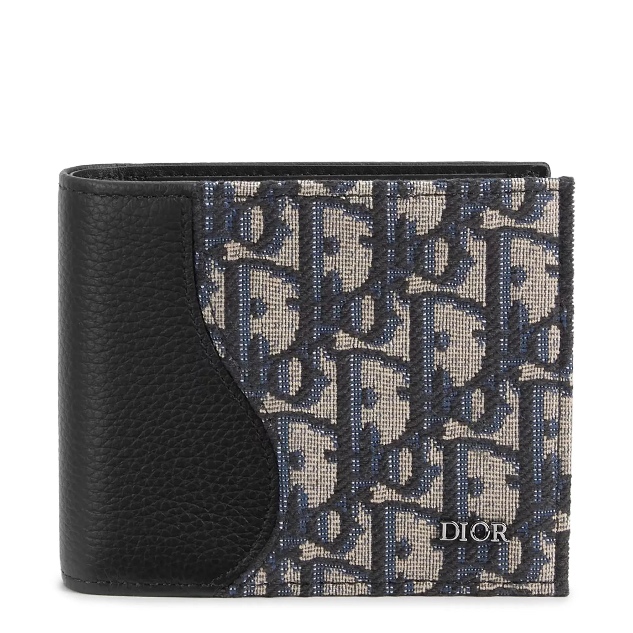 Front View of Dior Grained Calfskin Marquetry Black and Beige Saddle Bifold Wallet 2ADBH076YKS_H05E